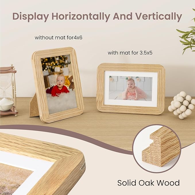4x6 Picture Frame - Solid Oak Wood Frame 4x6 with Mat for 3.5x5, 4''x6''Photo Frame,Tabletop and Wall Display, Hanging Hardware Included, 4 By 6 Picture Frame Wood, Natural Oak