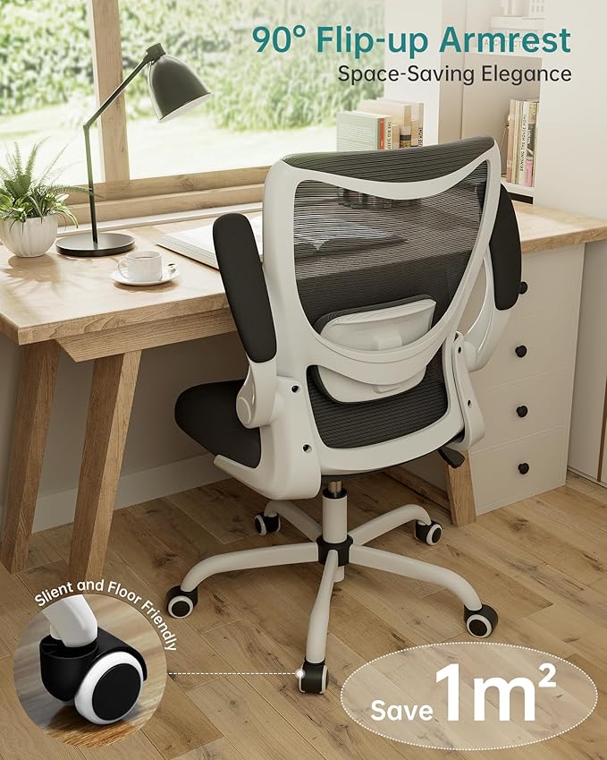 Office Chair, Ergonomic Desk Chair with Adjustable Lumbar Support and Flip up Armrest, Breathable Mesh Computer Chair for Home Office, White