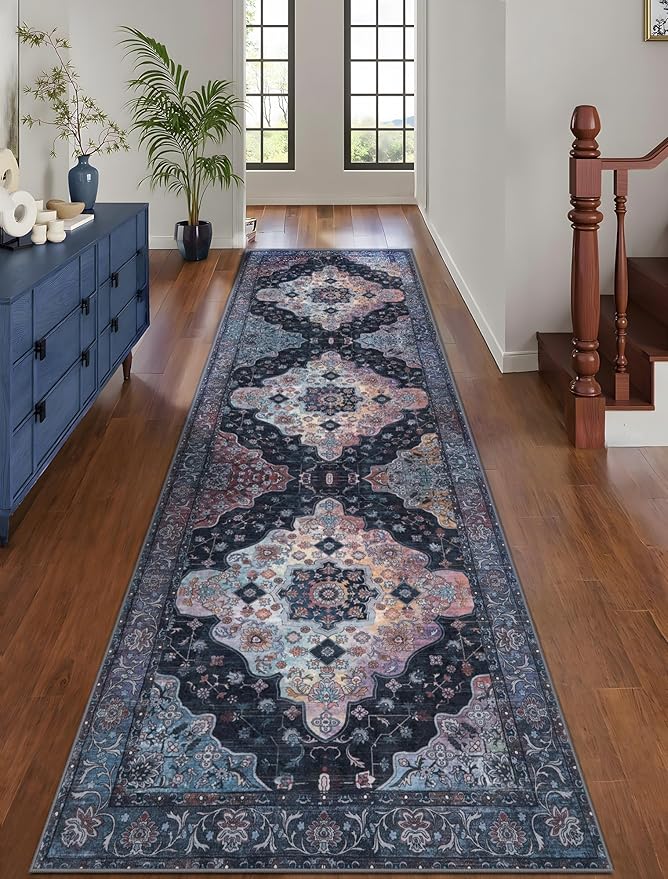 Tangsoo 2.6x8 Washable Runner Rug for Hallways, Non Slip Vintage Runner, Soft Low Pile Long Rug Runner, Print Distressed Navy Carpet Runners for Kitchen Bedroom Entryway Bathroom Living Room