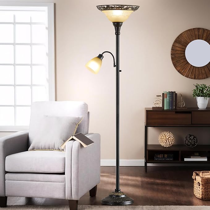 Luvkczc Torchiere Floor Lamps for Living Room, 70" Lamps for Living Room with Etched Glass Shade, Metal Pole & Heavy Base, Vintage Standing lamp Decor for Bedroom, Living Room, Office