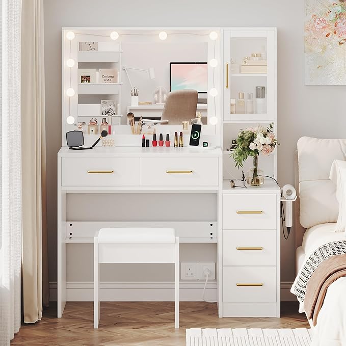 Makeup Vanity with Lights & Charging Station, White Vanity Table with 5 Drawers & Open Storage Shelves ， Bedroom Makeup Dressing Table Set for Women Girls