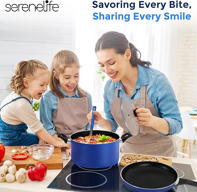SereneLife 15-Pc Blue Cookware Set - Non-Stick, Heat-Resistant Pots & Pans with Lids, Dishwasher Safe, Includes Matching Utensils