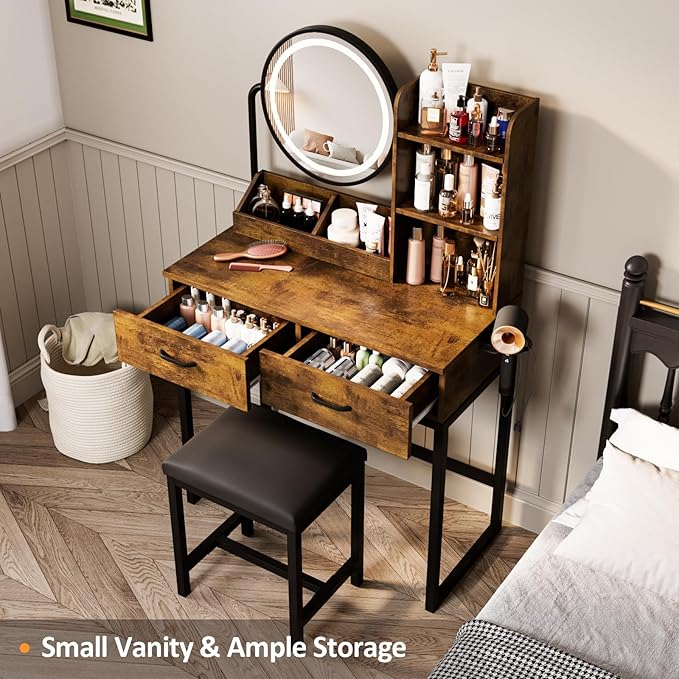 Makeup Vanity Desk with Round Mirror and Lights, White Vanity Makeup Table with 2 Drawers, Small Vanity Table for Bedroom with Lots Storage (Brown and Black, 15.75 * 31.5 * 53.6in)