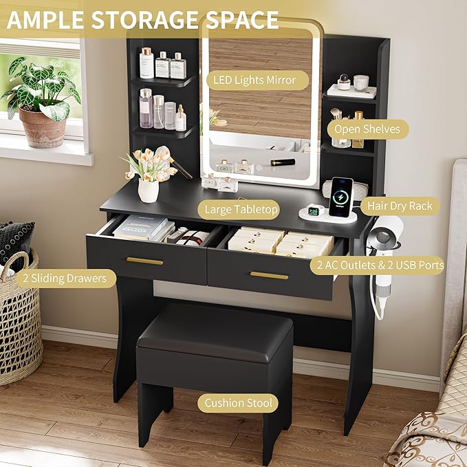 Vanity Desk with LED Lights Mirror & Power Outlet, Small Makeup Vanity Table Set with Storage Drawers & Chair, 3 Lighting Modes & Adjustable Brightness, Dressing Table for Women Girls Bedroom, Black