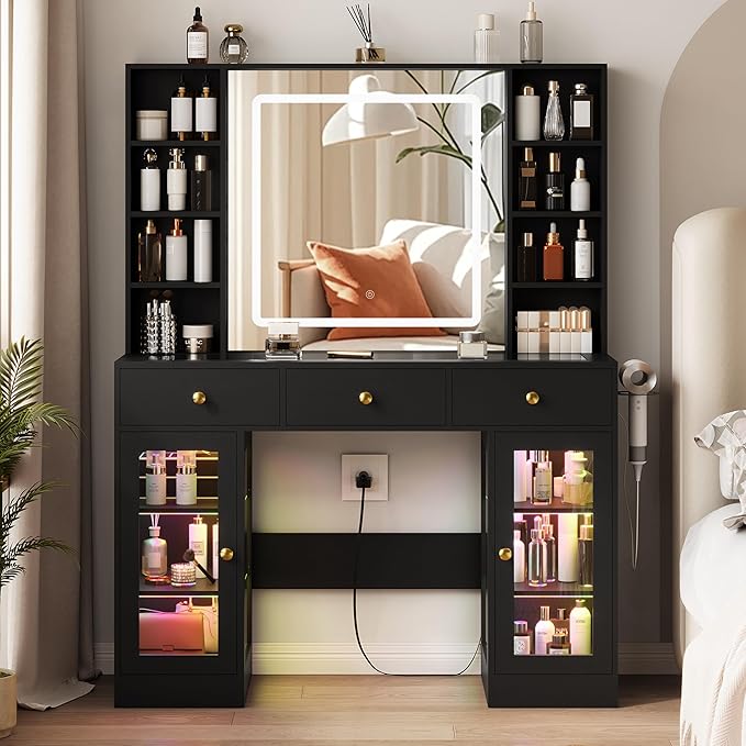 Black Vanity Desk with Mirror and Lights, 43.4" Makeup Vanity Table Set with Lighted Mirror & RGB Glass Cabinet, 3 Drawers, Glass Top Dressing Table with Large Shelves for Girls, 3 Color Modes