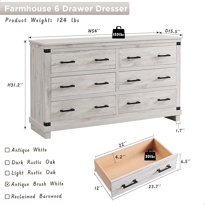 Farmhouse 6 Drawers Dresser for Bedroom, Wood Large Chest of Drawers with Thick Plank Styling, Rustic Closet Dresser for Bedroom, Living Room, Antique Brush White