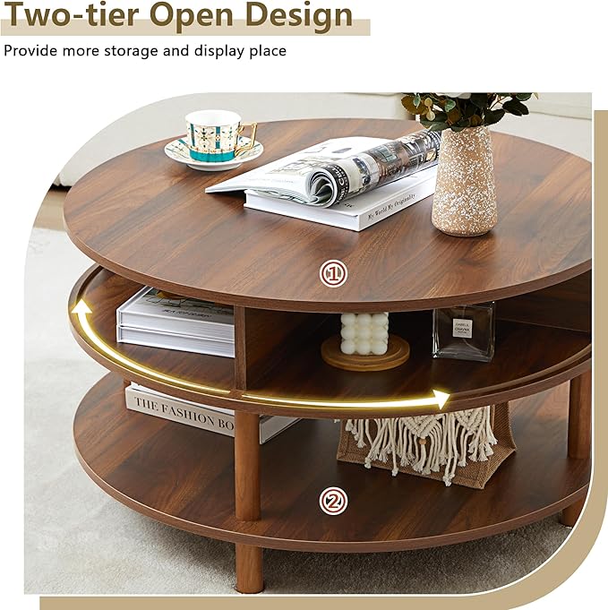 RARZOE 31.5" Round Coffee Table with Storage, Wood Circle Coffee Table with Sliding Cabinet Doors, Fluted Dining Table Accent Center Table for Living Room Home Office Apartment, Walnut