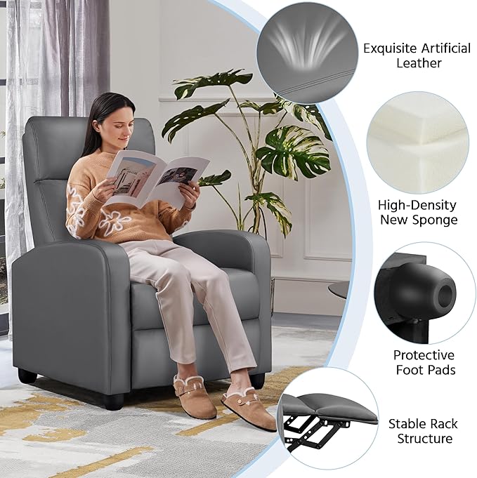 Yaheetech Recliner Chair PU Leather Recliner Sofa Home Theater Seating with Lumbar Support Overstuffed High-Density Sponge Push Silver Gray Recliners