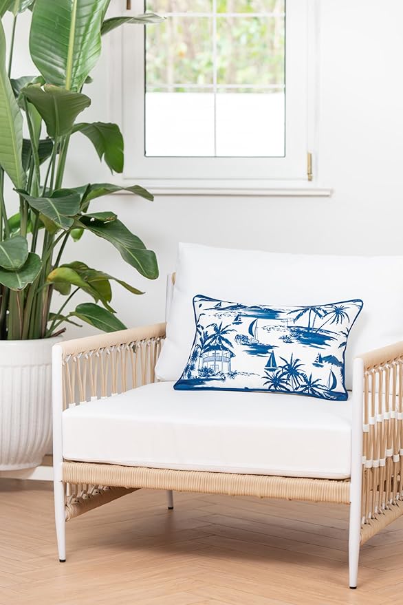 Hofdeco Premium Coastal Hampton Style Patio Indoor Outdoor Lumbar Pillow Cover Only, 12"x20" Water Resistant for Backyard, Couch, Navy Blue Beach Scene