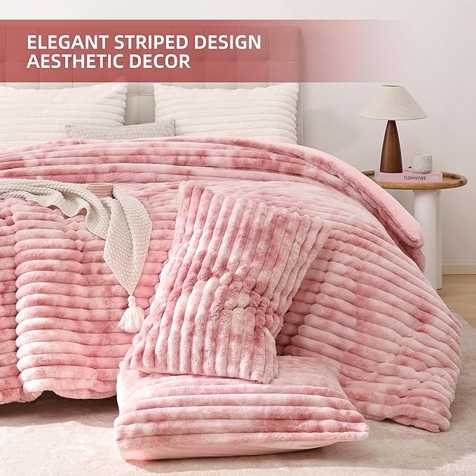Smoofy Fluffy Queen Size Comforter Set 3 Pieces - Tie-dye Pink Fleece Fluffy Comforter Set, Luxury Fuzzy Queen Bedding Set, Soft Warm Bed Set All Season, Heavy Faux Fur Comforter with 2 Pillow Cases