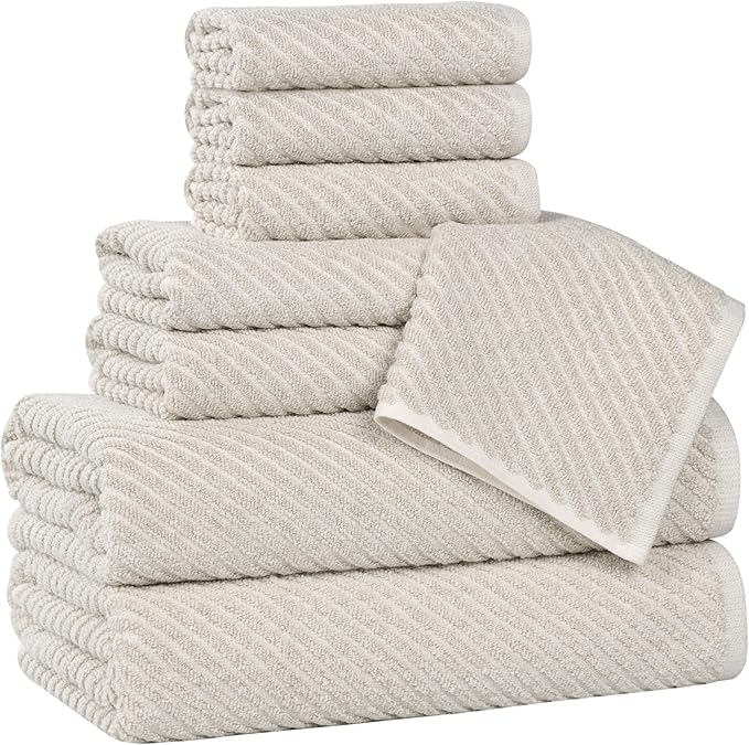 Superior Amelia Viscose Cotton Blend Medium Weight Towels, for Bathroom, Shower, Spa, Plush, Quick Dry, Ultra-Soft Towels, Bath Essentials, Ribbed Design, 8 Piece Assorted Towel Set, Beige