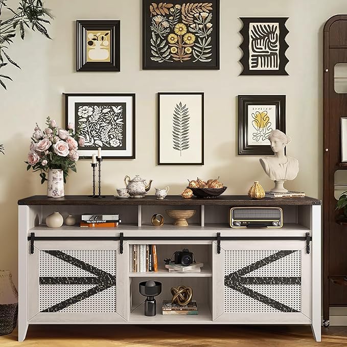 VFK 70 Inch TV Stand for TVs up to 70", Rustic Farmhouse Media Console with Sliding Barn Doors, 6 Drawers, Entertainment Center for Living Room