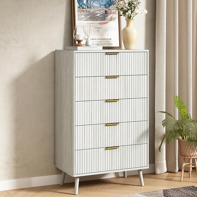 CARPETNAL Fluted 5 Drawers Dresser for Bedroom, 45”Tall Modern Chest of Drawers with Deep Drawers,Curved Profile Design, Wood Drawer Organizer for Living Room, Hallway, White