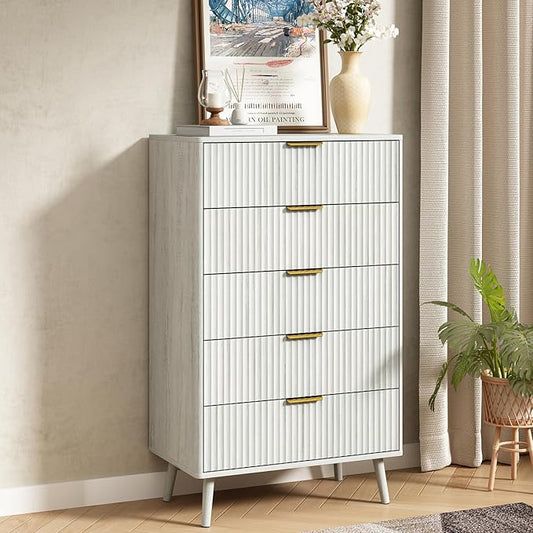CARPETNAL Fluted 5 Drawers Dresser for Bedroom, 45”Tall Modern Chest of Drawers with Deep Drawers,Curved Profile Design, Wood Drawer Organizer for Living Room, Hallway, White