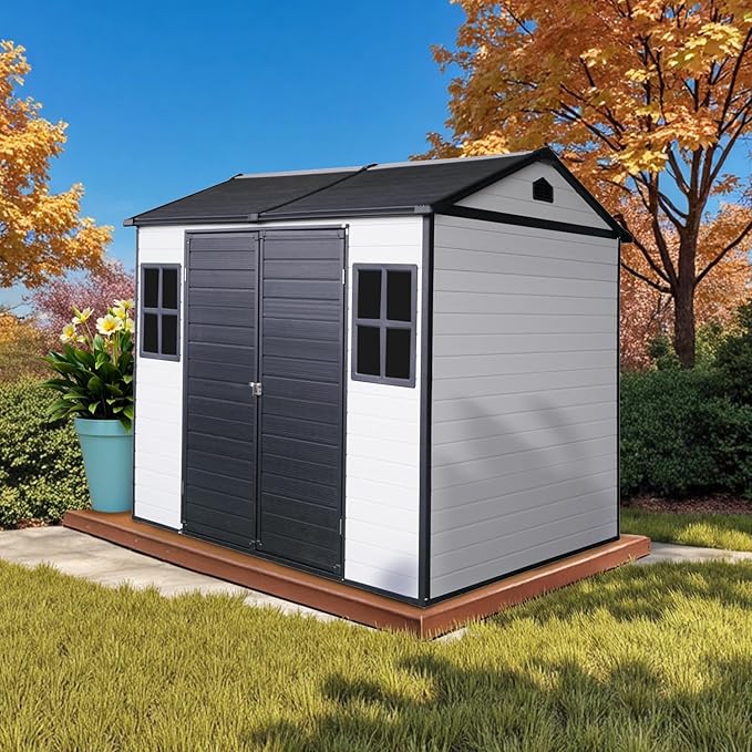 8' x 6' Resin Storage Shed Outdoor, PP Material & Strong Structure for All Weather, Plastic Garden Shed w/Window for Garden, Backyard, Poolside and Lawn, 15mm Thick PP Board - White