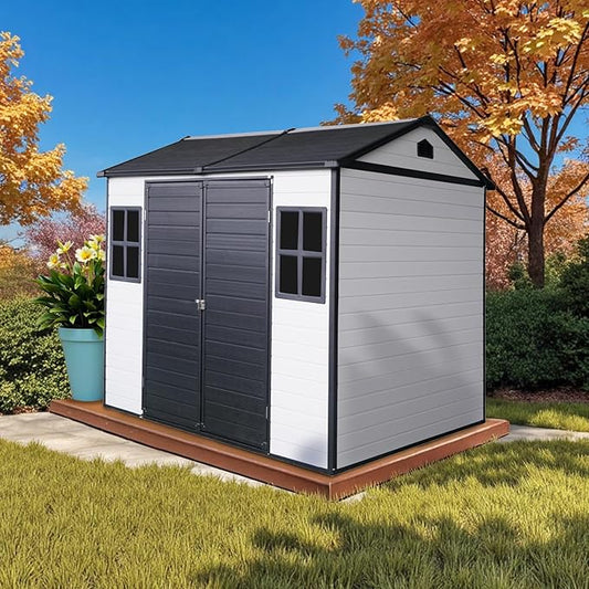8' x 6' Resin Storage Shed Outdoor, PP Material & Strong Structure for All Weather, Plastic Garden Shed w/Window for Garden, Backyard, Poolside and Lawn, 15mm Thick PP Board - White