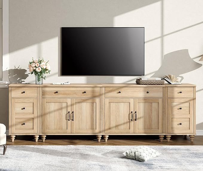WAMPAT Farmhouse TV Stand for 100 Inch TV, 4-in-1 TV Console Table for 75/80/85/90 Inch TV, Entertainment Center with Charging Station, Kitchen Sideboard Buffet Cabinet for Dining Room, Oak