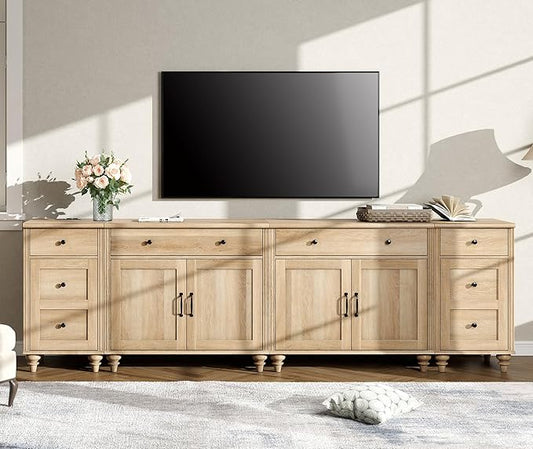 WAMPAT Farmhouse TV Stand for 100 Inch TV, 4-in-1 TV Console Table for 75/80/85/90 Inch TV, Entertainment Center with Charging Station, Kitchen Sideboard Buffet Cabinet for Dining Room, Oak