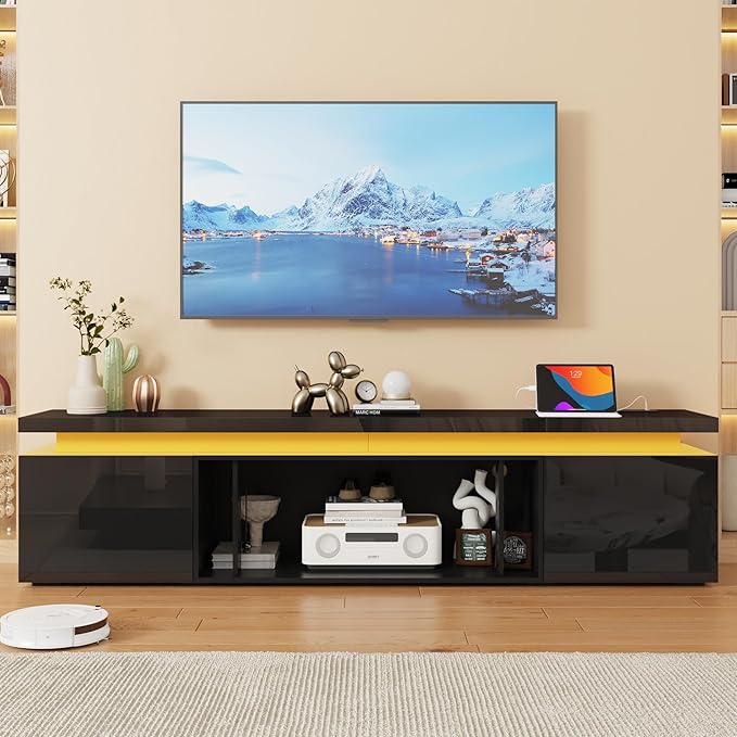 83Inch LED TV Stand for 95Inch TV, Modern TV Stand with Power Outlet, High Gloss TV Console Entertainment Center with Storage for Living Room (83 Inch, Black)