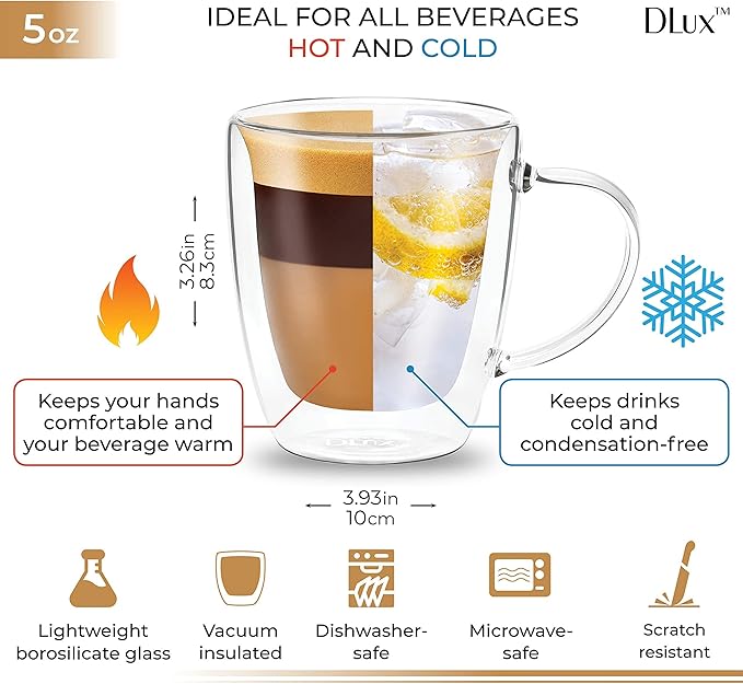 DLux Lungo 5.4oz Coffee Cups Double Wall, Clear Glass set of 2 Glasses with Handles, Insulated Borosilicate Glassware Tea Cup