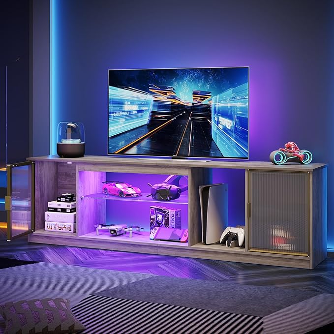 Bestier 70 inch TV Stand for TVs up to 80 Inch, LED Entertainment Center with Adjustable Glass Shelf & Translucent Doors Storage Cabinet for PS5 Xbox, Modern TV Console for Living Room, Washed Gray