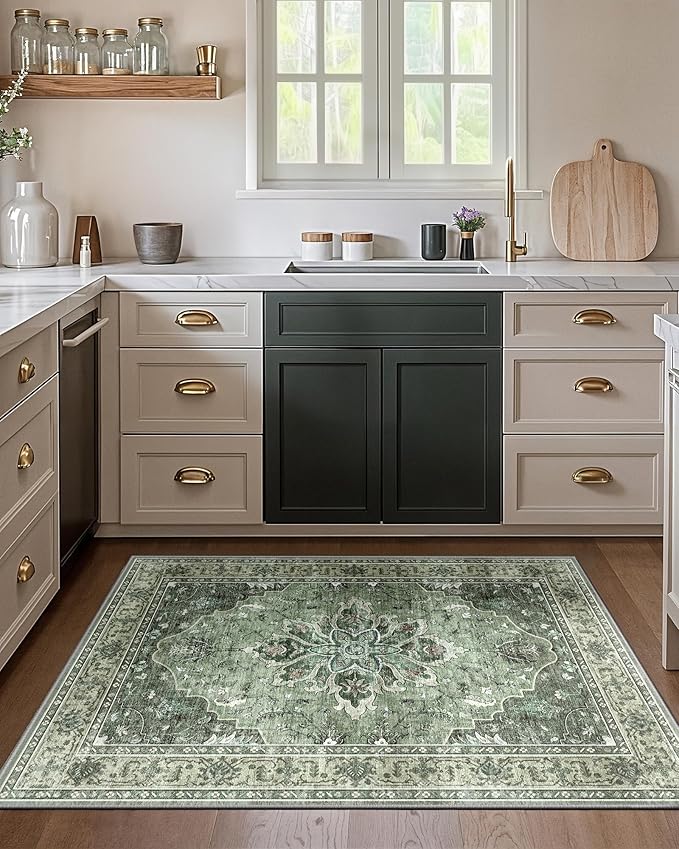 Area Rugs 3'x5' Washable Non-Slip, Floral Vintage Distress Print Pattern Medallion Carpet for Living Room Bedroom Dining Room, Dark Green Gray