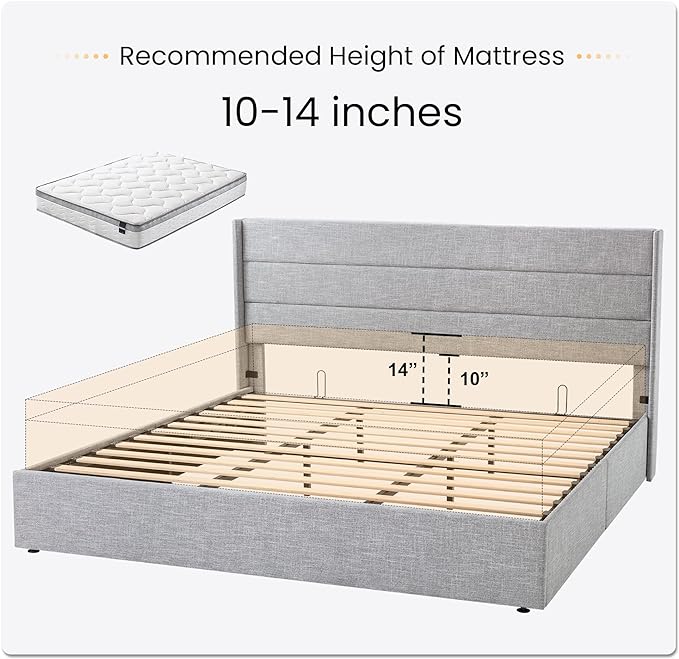 SHA CERLIN King Size Lift Up Storage Bed/Modern Wingback Headboard/Upholstered Platform Bed Frame/Hydraulic Storage/No Box Spring Needed/Wood Slats Support/Light Grey