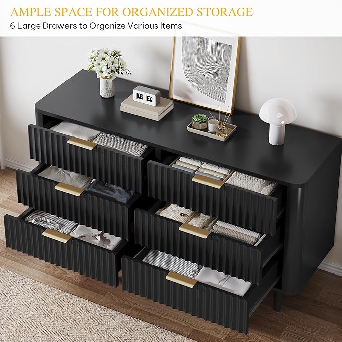 DWVO 6 Drawer Dresser with Waveform Fluted Panel, Wider Modern Closet Dressers Chest of Drawers, Wood Storage Dresser Organizer for Dorms, Flats, Living Rooms, Hallways, Black