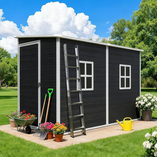 4x8 FT Outdoor Storage Resin Shed with Floor, Waterproof Plastic Garden Tool Shed with Windows, Vents & Lockable Door and Sloped Roof, Easy to Assemble Bike Shed for Patio, Backyard, Lawn, Black