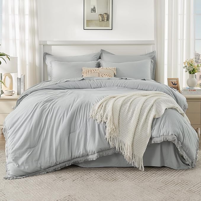 Andency Light Grey Queen Size Comforter Set with Sheets - 7 Pieces Boho Tassel Bed in a Bag Soft Lightweight Bedding Sets, Light Grey Fringe Bed Set with Comforter, Sheets, Pillowcases & Shams