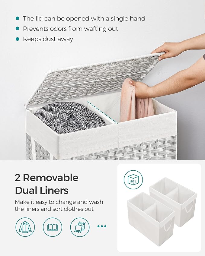 SONGMICS Laundry Hamper with Lid, 90L Clothes Hamper with 2 Removable Liner Bags, 6 Mesh Bags, Wicker Laundry Basket, Double Laundry Hamper for Bathroom, 13 x 18.1 x 23.6 Inches, White ULCB251W01V1