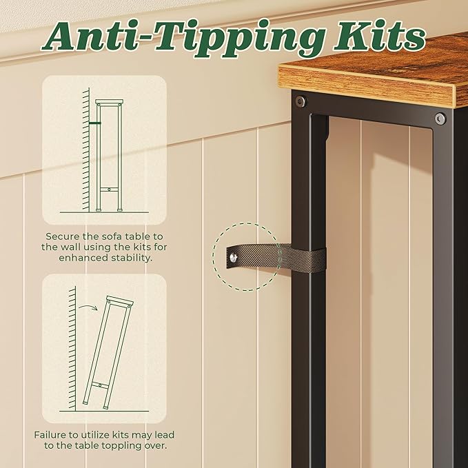 SUPERJARE 5.9 Inch Console Table with Outlet, Sofa Table, Beehind Couch Table, 5.9 x 39.4 x 29.1 Inches, Metal Frame, for Living Room, Hallway, Rustic Brown