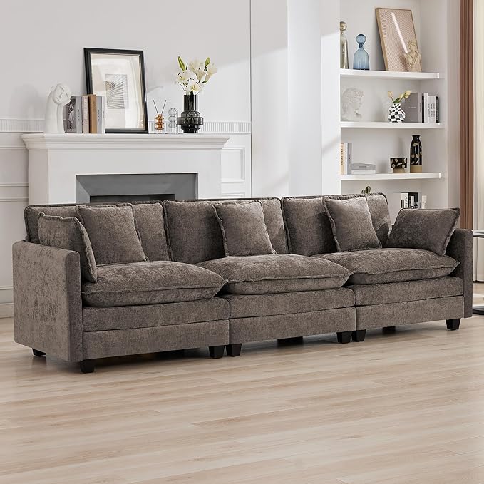111'' Sectional Cloud Deep Seat Couch, Modern Comfy Chenille Modular Sectional Sofa for Living Room Set, Upholstered Modular 3-Seats Sofa Couch, Brown