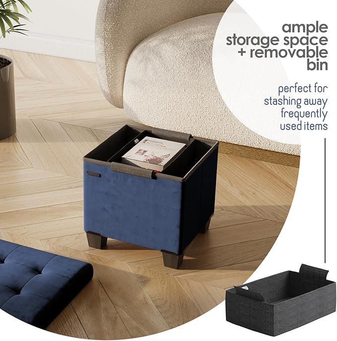 STORAGEBUD Storage Ottoman Cube with Small Bin, 15-in Square Ottoman with Storage for Living Room and Bedroom, Small Ottomans Foot Rest, Velvet Foot Stools Ottomans Max 330lbs, Blue