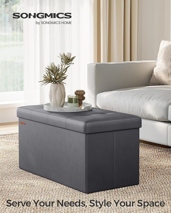 SONGMICS Mazie Collection - 30 Inches Folding Storage Ottoman Bench, Ottoman with Storage, Foot Rest Stool, Load 660 lb, for Living Room, Synthetic Leather, Dark Gray ULSF040G01