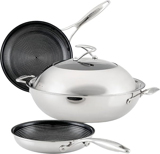 Circulon Clad Stainless Steel Induction Frying Pan and Wok Set with Hybrid SteelShield and Nonstick Technology, 4 Piece - Stainless Steel