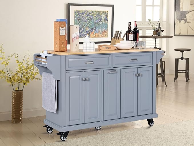 Cambridge Mobile Kitchen Island on Wheels with Storage and Wood top, Rolling Island with Spice Rack and Towel Holder, L60.5 x W18.13 x H36.75IN Island Table for Kitchen, (Grey)