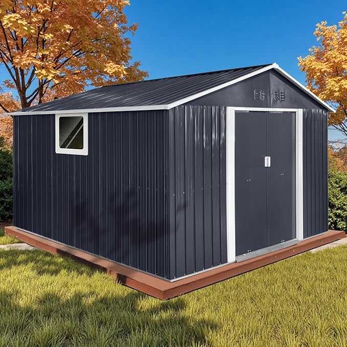 11.2' x 10.6' XL Outdoor Storage Shed, Sturdy Metal Building w/Windows & Lockable Doors for Garden, Backyard, Poolside and Lawn, Anthracite