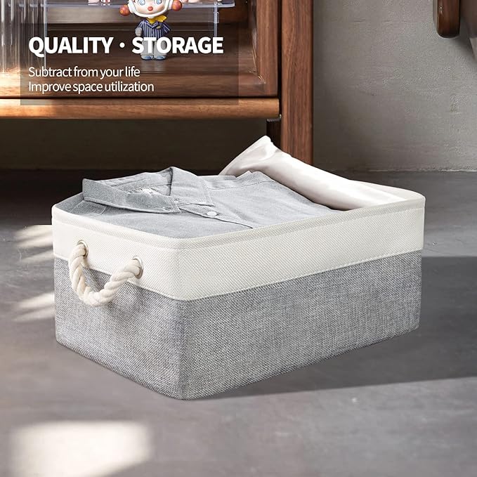 Storage Basket Bins 8 Pack Storage Baskets for Shelves - Decorative Baskets Fabric Storage Cubes Containers W/Handles for Clothes Storage Books, Home, Garage, Office, Bedroom, Parlor, Car (Grey/White)