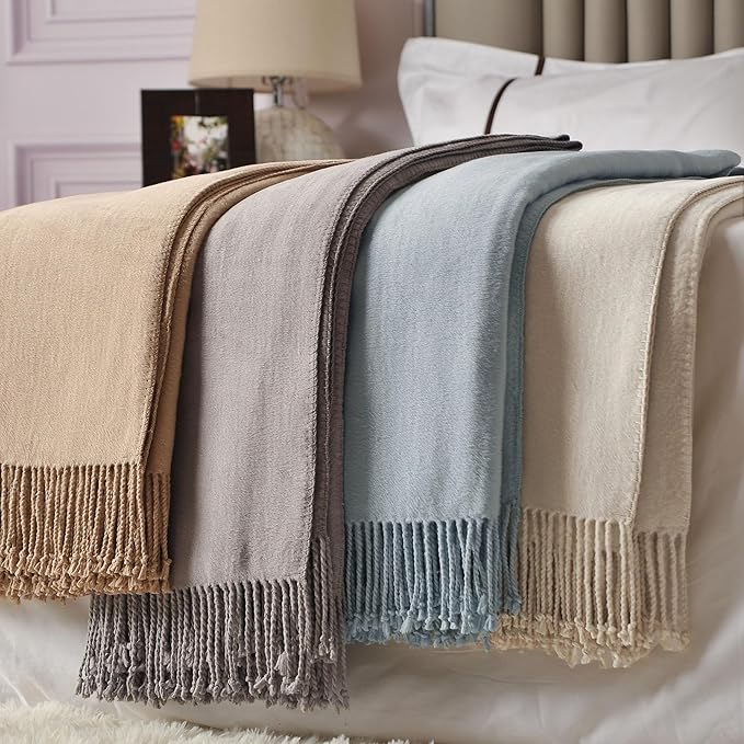 CUDDLE DREAMS Silk Throw Blanket with Hand-Knotted Fringe, Natural, Soft & Breathable (Taupe)