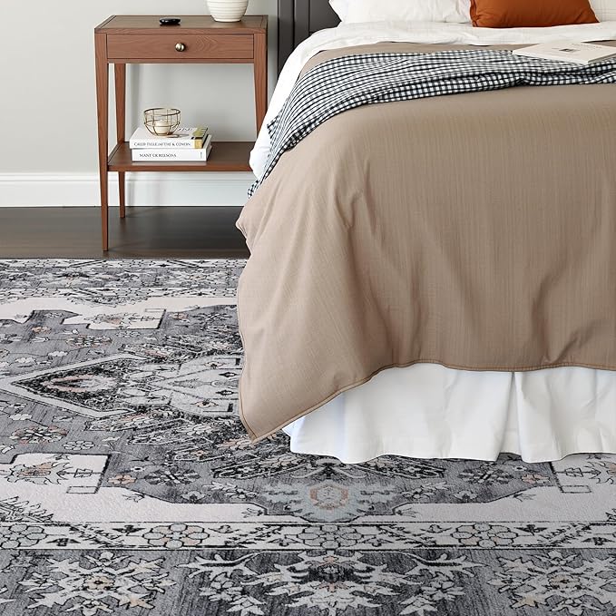 Vintage Area Rug 5x8 Rugs, Machine Washable Vintage Area Rug Non-Slip Low Pile Large Rug for Living Room, Bedroom, Farmhouse, Dining Room, Grey