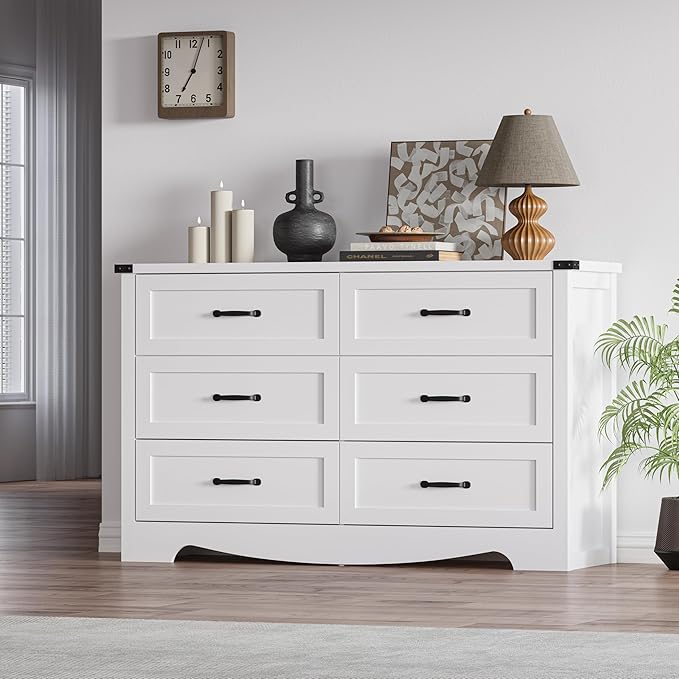 6-Drawer Dresser for Bedroom – 47" Wide Modern Wooden Chest with Natural Wood Texture, TV Stand & Storage, Metal Corner Brackets, Wood Drawer Organizer for Living Room, Hallway