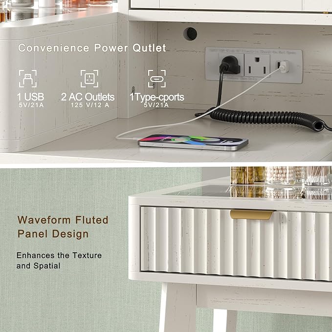 Fluted Makeup Vanity Desk with 36" 11 LED Lights Mirror, 48" Big Modern Vanity Desk with 5 Drawers and Storage Shelves & Power Outlet, Glass Top for Bedroom, White