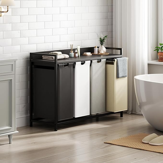 Laundry Hamper with Shelf, Laundry Basket 4 Section, Laundry Sorter with Pull-Out Removable Large 4 Color Bags and Movable Wheels, Metal Frame, 4 x 15.87 Gallons (60L), Black PF07XLK