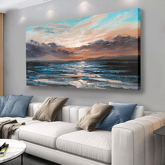 Belmrxne Coastal Wall Art Bule and Black Wall Decor Abstract Landscape Artwork Aesthetic Canvas Painting for Living Room Bedroom Dining Room Office Home Decor 24x48 Inch