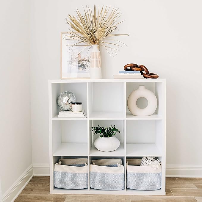 OrganiHaus White and Blue Basket | Coiled Rope Basket with Handles | Woven Basket for Storage | Nursery Storage Basket | Decorative Storage Basket | Towel Baskets for Bathroom | Baby Toy Basket