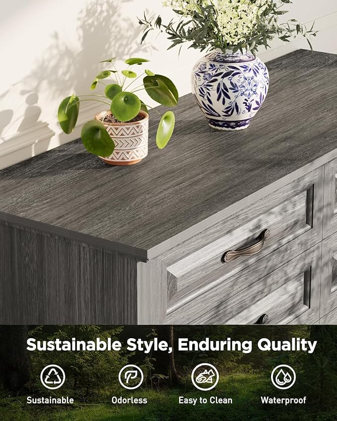 Pipishell Grey 8 Drawers Dresser for Bedroom, 47" Wide Wood Rustic Chest of Drawers with Bar Handles, Farmhouse Storage Dressers Organizer for Bedroom, Living Room, Hallway, Grey