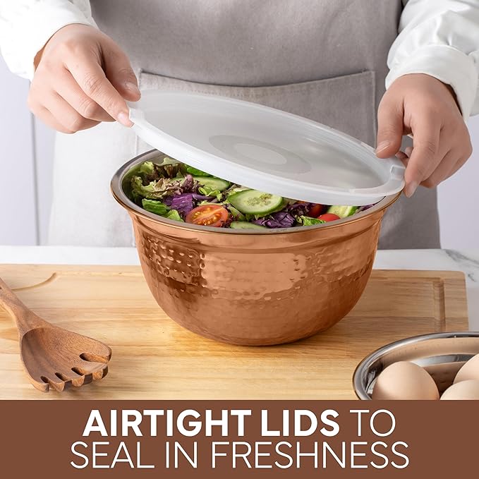 COOK WITH COLOR 18 Piece Mixing Bowls Set with Airtight Lids, Stainless Steel Bowl Organizers, Food Storage Containers, Meal Prep, Nesting Salad Bowls For Cooking, Baking, Kitchen, Copper - Hammered