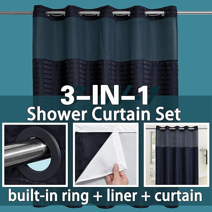 Extra Long No Hook Shower Curtain with Snap in Liner Set, Hotel Luxury Black Shower Curtains for Bathroom with See Through Top Window, Waterproof, Washable 71W x 84H