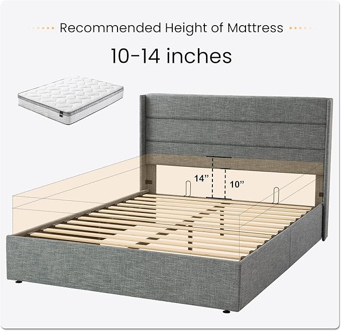 SHA CERLIN Full Size Lift Up Storage Bed/Modern Wingback Headboard/Upholstered Platform Bed Frame/Hydraulic Storage/No Box Spring Needed/Wood Slats Support/Grey Blue